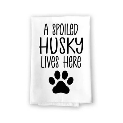 A Spoiled Husky Lives Here, Flour Sack Towel, 27 Inch by 27 Inch, 100% Cotton, Home Decor, Tea Towel, Absorbent Kitchen Towel, Funny Dog Mom Gifts, Siberian Husky Stuff