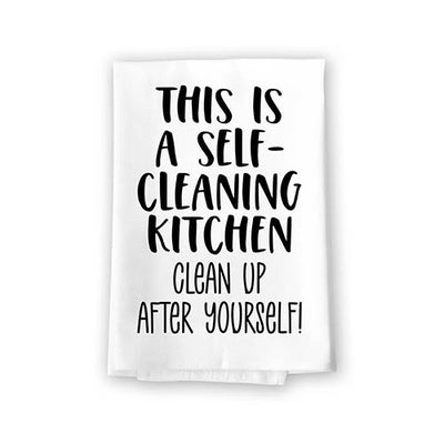 This is a Self-Cleaning Kitchen Clean Up After Yourself, Kitchen Towels, Flour Sack Towel, 27 Inch by 27 Inch, 100% Cotton, Multi-Purpose Towel, Home Decor, Home Linen, Dish Towel