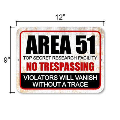 Area 51 Top Secret Research Facility No Trespassing, 9 inch by 12 inch, Metal Sign Post, No Trespassing Signs Funny, Funny Home Décor