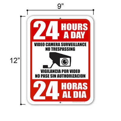 24 Hours a Day Video Camera Surveillance No Trespassing, Security Camera Sign, English Spanish Espanol Bilingual Signs, Security Metal Sign, 9 inch by 12 inch