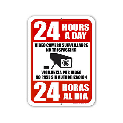 24 Hours a Day Video Camera Surveillance No Trespassing, Security Camera Sign, English Spanish Espanol Bilingual Signs, Security Metal Sign, 9 inch by 12 inch