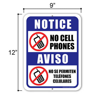 No Cell Phones Aviso No Se Permiten Telefonos Celulares, English Spanish Espanol Bilingual Signs, Security Signs, Warning Signs, Office Signs, 9 inch by 12 inch