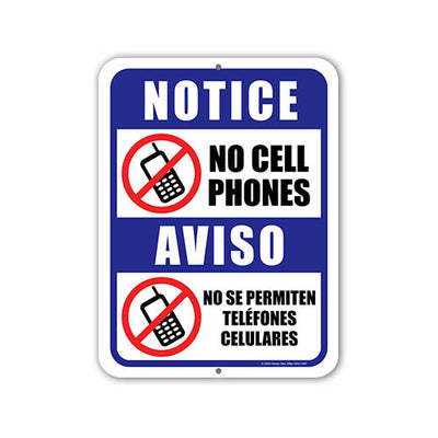 No Cell Phones Aviso No Se Permiten Telefonos Celulares, English Spanish Espanol Bilingual Signs, Security Signs, Warning Signs, Office Signs, 9 inch by 12 inch