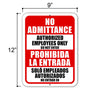 No Admittance Authorized Employees Only Do Not Enter, English Spanish Español Bilingual Signs, Security Metal Sign, Business Warning Signs, 9 inch by 12 inc