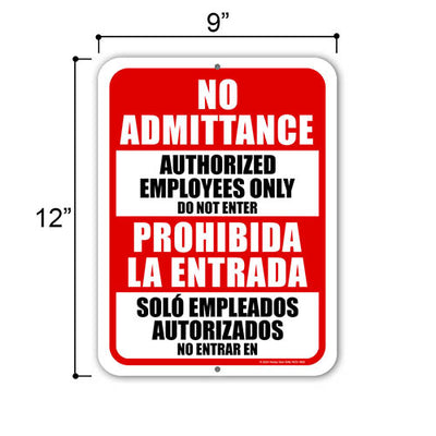 No Admittance Authorized Employees Only Do Not Enter, English Spanish Español Bilingual Signs, Security Metal Sign, Business Warning Signs, 9 inch by 12 inc