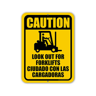 Caution Look Out for Forklifts Ciudado Con Las Cargadoras, English Spanish Español Bilingual Signs, Site Safety Signs, Business Warning Signs, 9 inch by 12 inch