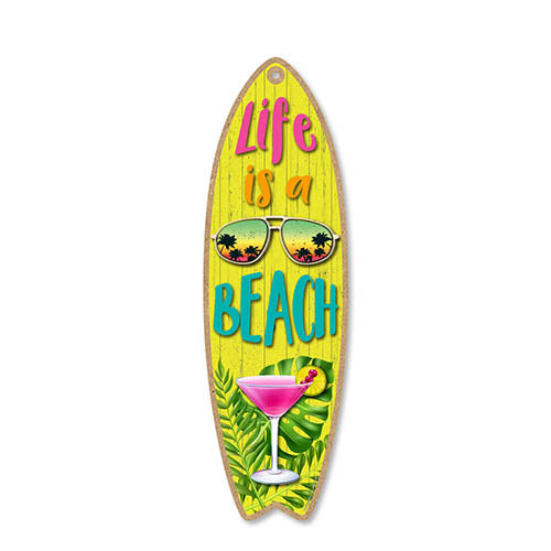 Life is a Beach Wooden Surfboard Signs, Home Summer Decor - Honey